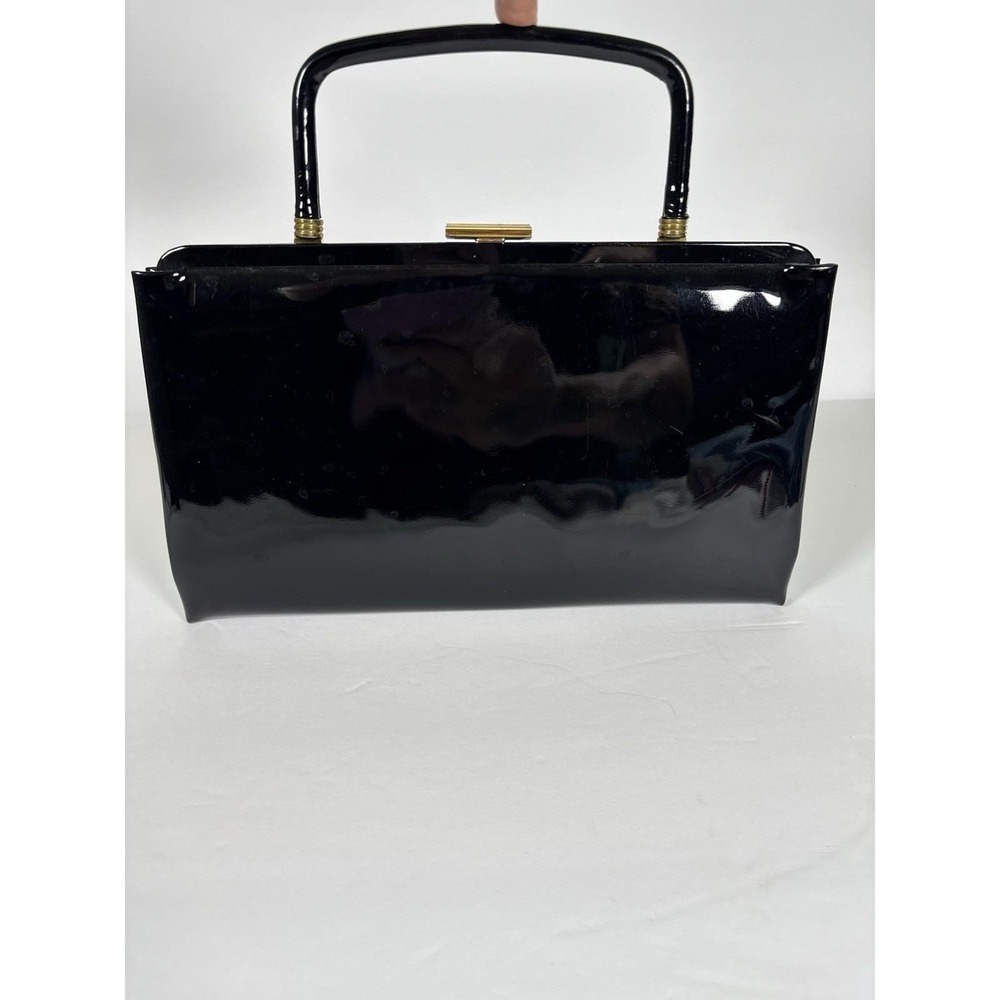 Vintage Garay Black Patent Top Handle Handbag Kiss Lock Purse Mid Century 10"
